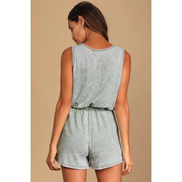 Lulus NWOT Perfect Lazy Day Sage Green Sleeveless Drawstring Lounge Romper Small - Picture 7 of 9